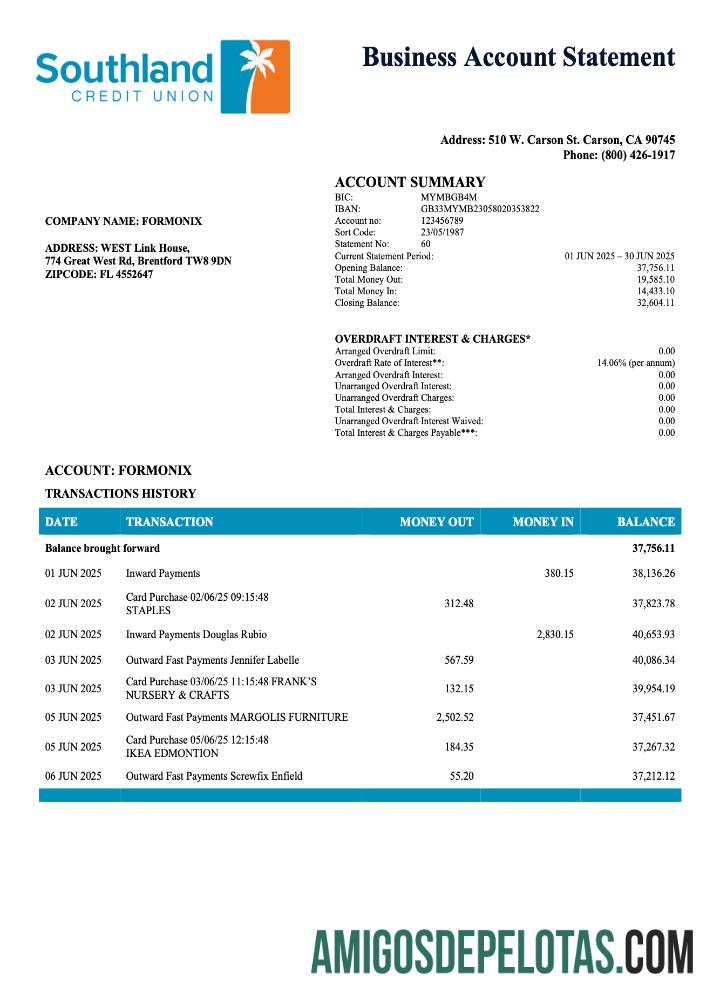 Exemplo de declaração empresarial da US California Southland Credit Union em formato Word e PDF
